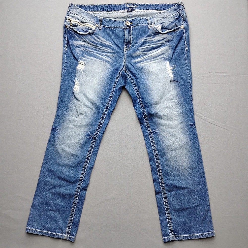 Amethyst Jeans Womens 24 Distressed Straight Leg Medium Wash Embroidered Pockets